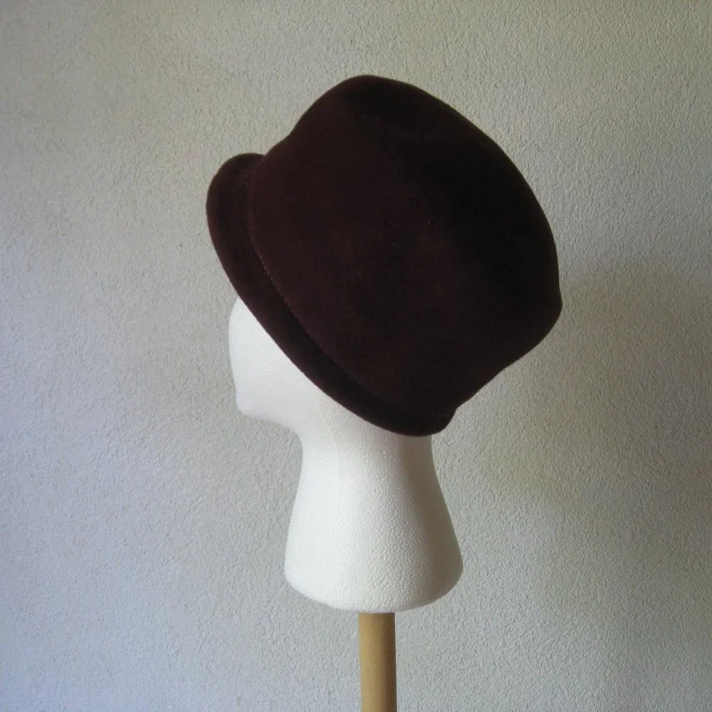 Vintage l 80s Makins New York Maroon Felted Wool Round Crown Classic Derby Hat - Picture 3 of 7